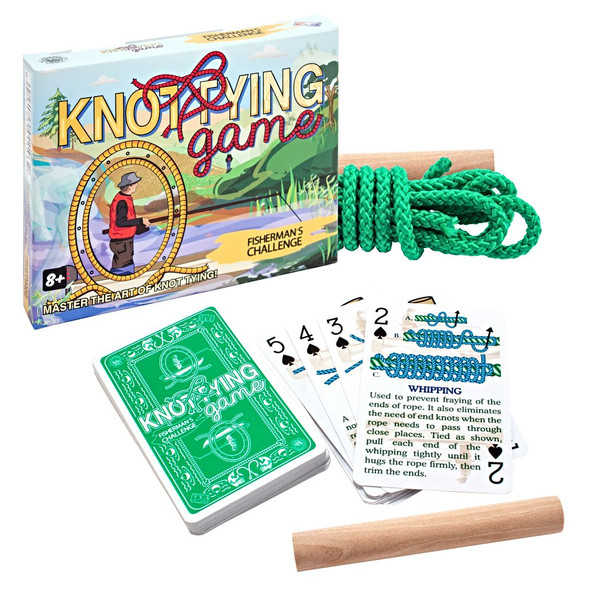 Knot-tying game set with cards, rope, and packaging from Channel Craft Toys. American made for Harvest Array.