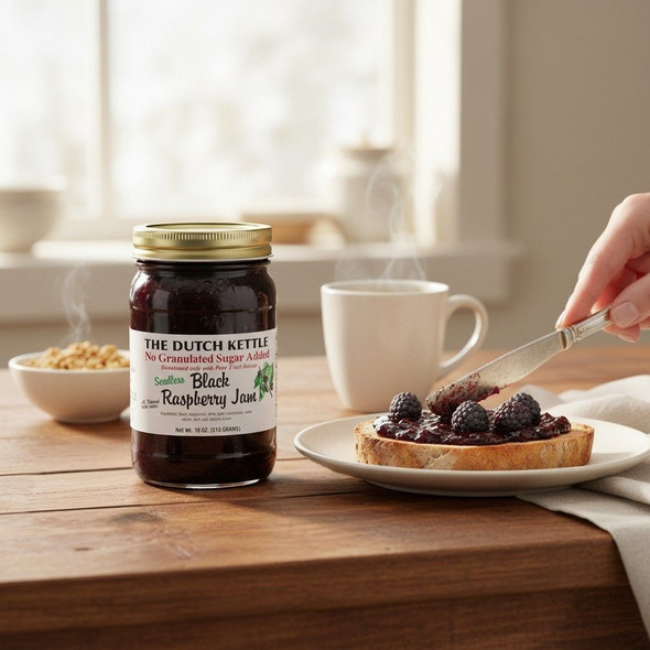 Seedless black raspberry jam on toast with fresh blackberries and a jar of The Dutch Kettle No Sugar Added Jam on a breakfast table.