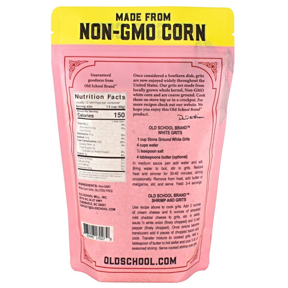 Nutrition Facts and Instructions for Non-GMO Stone Ground Unbleached White Grits from Old School Brand.