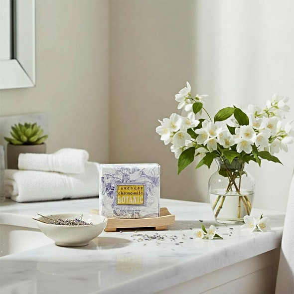 Relax and unwind in the bath while cleansing and moisturizing with this Shea Butter, Lavender Chamomile 6.35 ounce bar of soap. Made in the USA.
