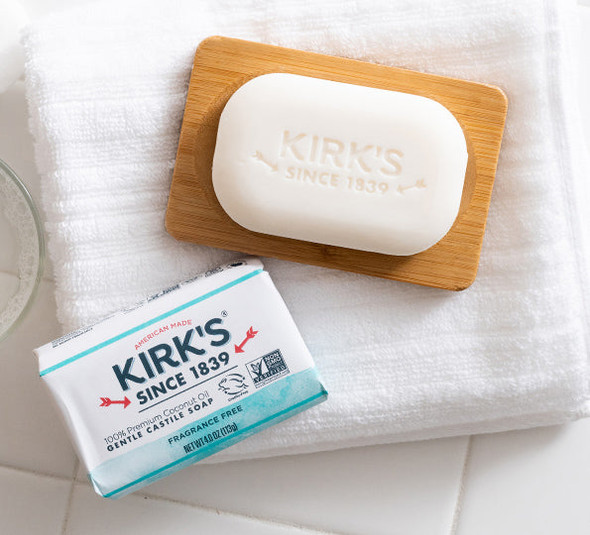 Kirk's Fragrance Free Gentle Castile Soap is available in a single bar or 3-pack from Harvest Array online.