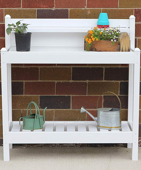 White Potting Bench with 3 Shelves in use