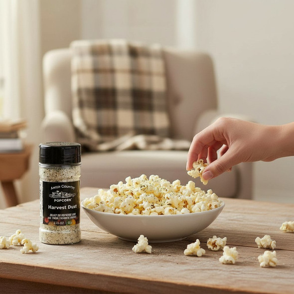 Amish Country Harvest Dust popcorn seasoning sprinkled over freshly popped popcorn in a bow
