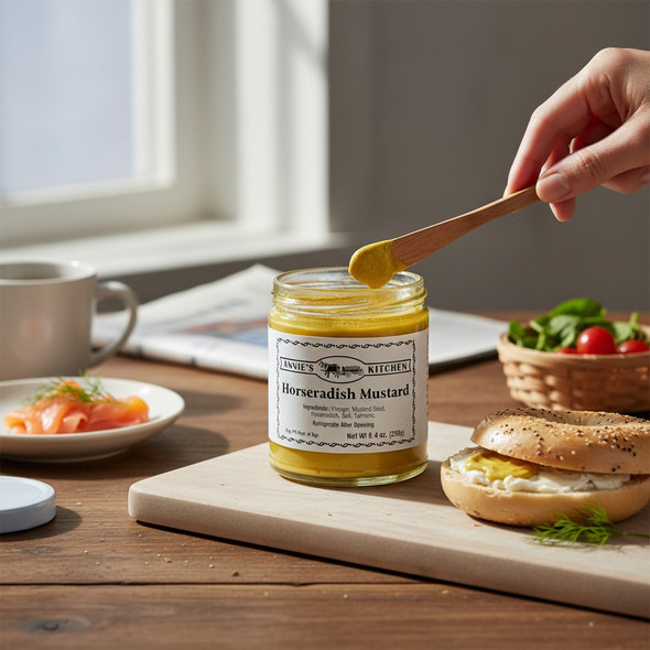 Annie’s Kitchen Horseradish Mustard being spooned onto a bagel with smoked salmon and salad in a bright kitchen.
