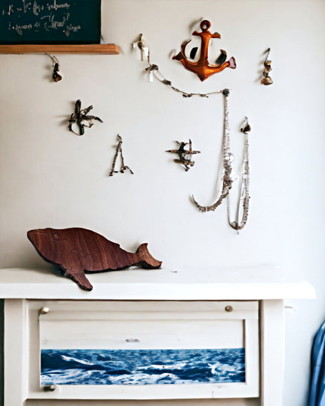 Wooden Humpback Whale Figurine - 7 x 3.75 Inches shown in bedroom.