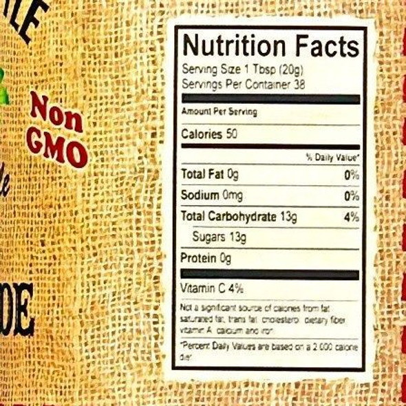 Orange marmalade nutrition facts label showing calories, sugars, and ingredients from The Dutch Kettle jar