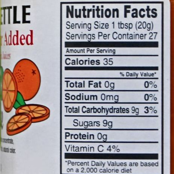 Nutrition facts label for The Dutch Kettle No Sugar Added Orange Marmalade showing calories, carbs, sugars, and vitamin C content.