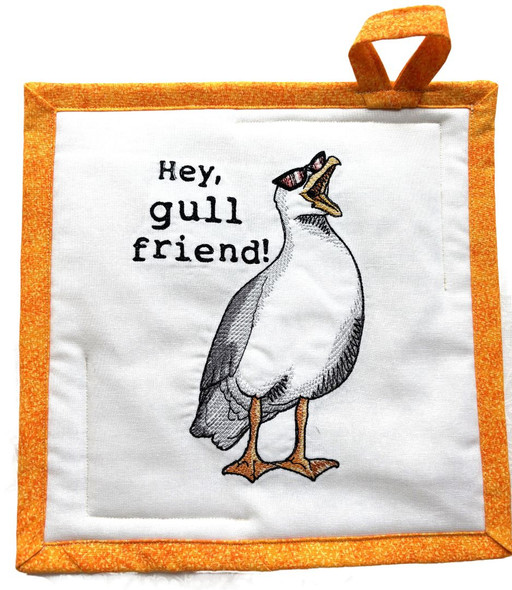 Close up of front of Hey Gull Friend Potholder/Hot Pad. Made in the USA.