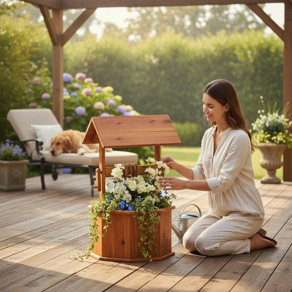 Small Amish-made cedar wishing well planter on a backyard deck filled with flowers and greenery.