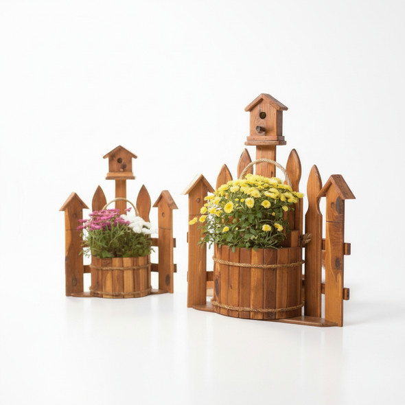 Amish Made Corner Picket Fence Planter with a Birdhouse