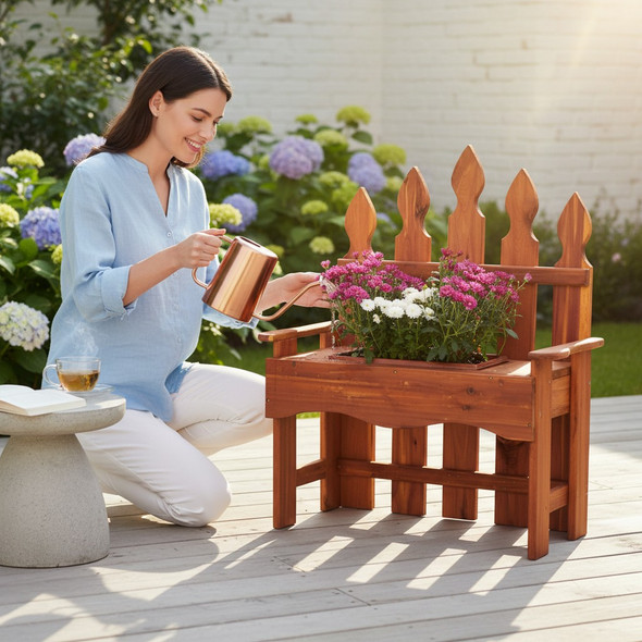Woman watering flowers in an Amish-made cedar bench planter on a sunny backyard patio