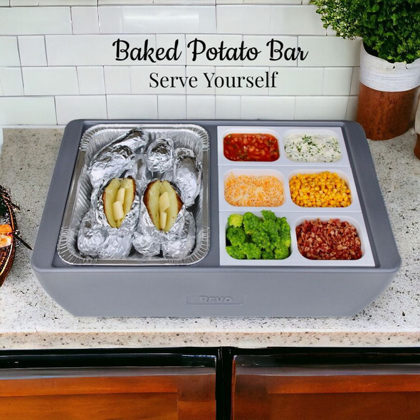 Make a fun potato bar for your family game night with our REVO Dubler Party Cooler and one Microcore Microwave Heat Pack on one side and cold condiment trays on the other. 