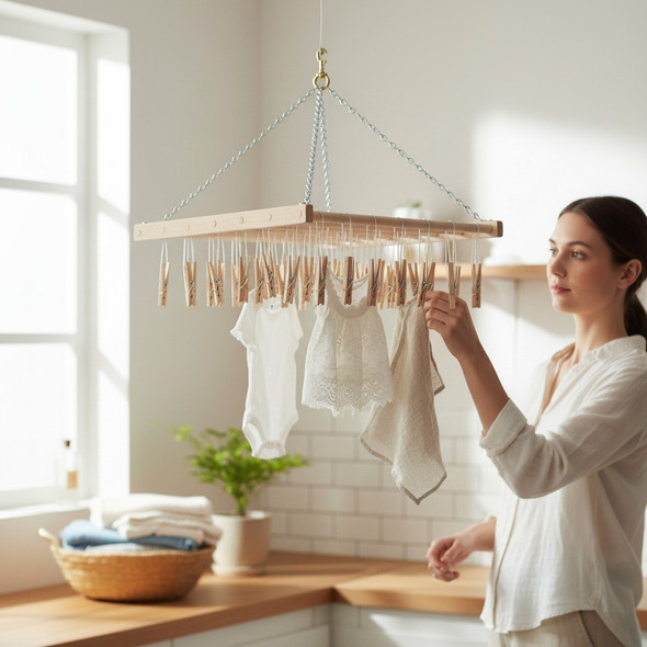 Wooden clothespin hanger drying rack holding baby clothes indoors