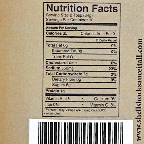 Shell Shock Cocktail Sauce nutrition facts label showing calories, sodium, and ingredients
