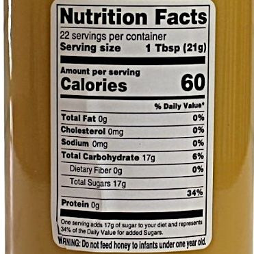 Nutrition Facts of a 16 oz. jar of Dutch Kettle Creamed Honey sold at Harvest Array