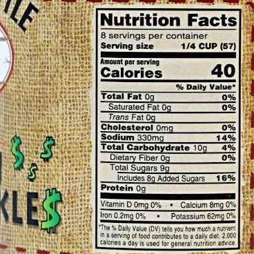 Nutrition Facts for Dutch Kettle Home Style Million Dollar Pickles at harvestarray.com.