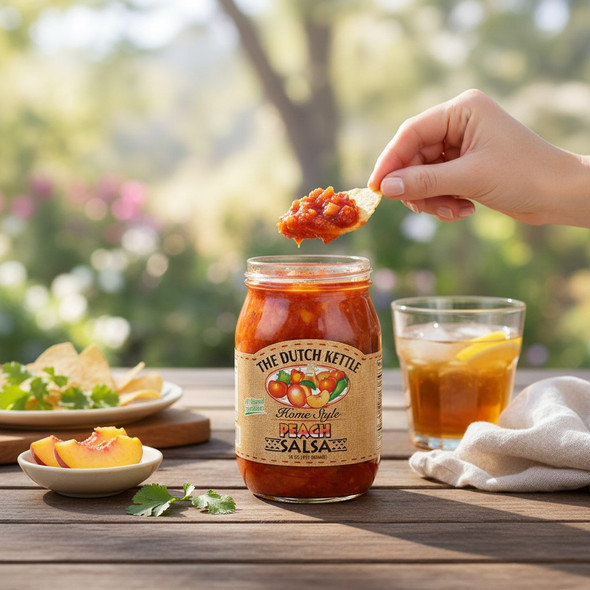Peach salsa jar on a picnic table with chips, fresh peach slices, cilantro, and a hand dipping into the jar outdoors.