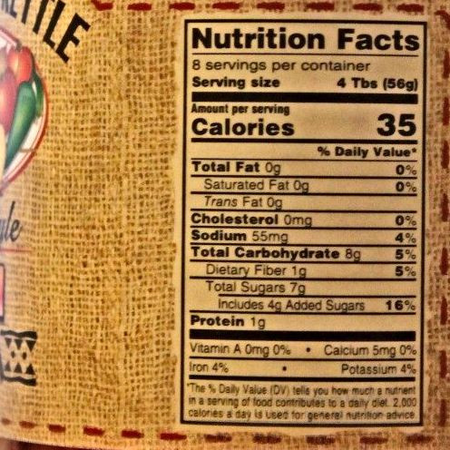 The Dutch Kettle Home Style Peach Salsa has only 35 calories per 4 Tablespoons.