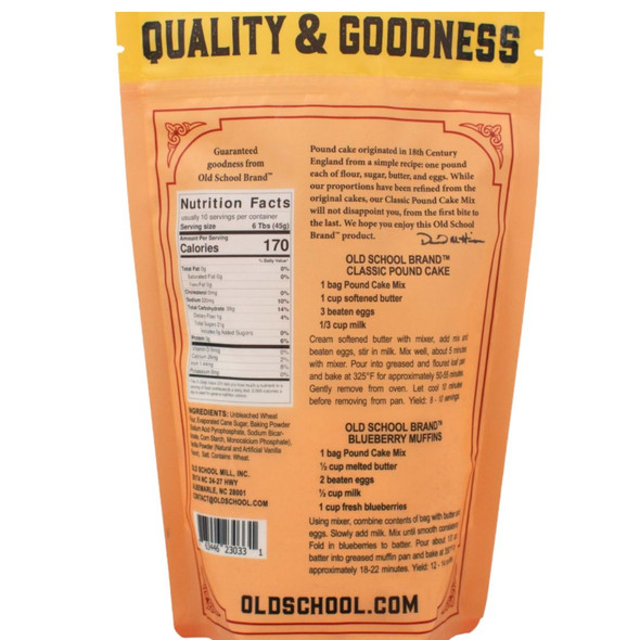 Nutrition Facts, Recipes, and instruction are all listed on the back of the 16 oz. package of Pound Cake Baking Mix. Made in the USA.