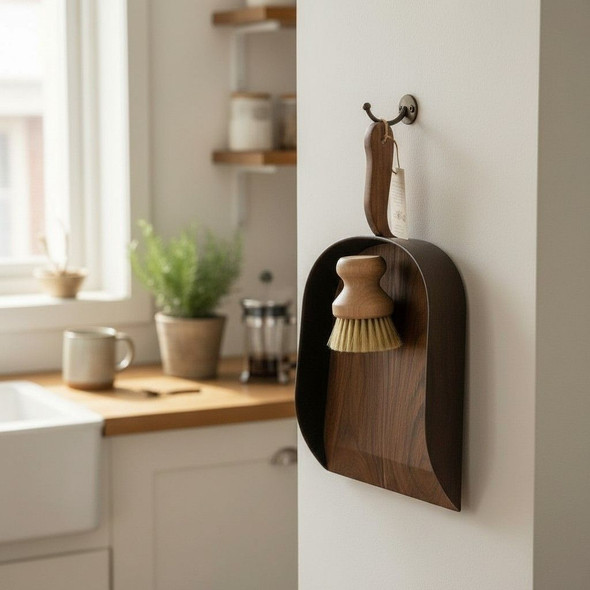 Wooden dustpan and natural bristle brush hanging on a kitchen wall for easy storage