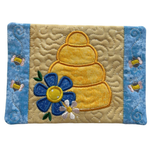 Bee Hive Handcrafted Embroidered and Quilted Mug Rug/Oversized Coaster. 6.5 x4.5"
