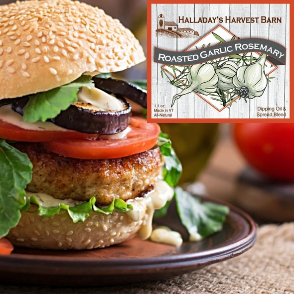 Halladay's Roasted Garlic Rosemary Dipping Oil & Spread Blend is a combo made in heaven. Not just for mixing in oil, but add it to ground meat for delicious burgers. Order today at harvestarray.com.