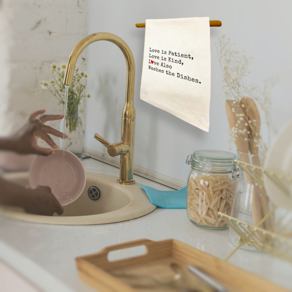 Purchase our Flour Sack Dish Towels from Harvest Array's online general store like this "Love is Patient, Love is Kin, Love Also Washes the Dishes."