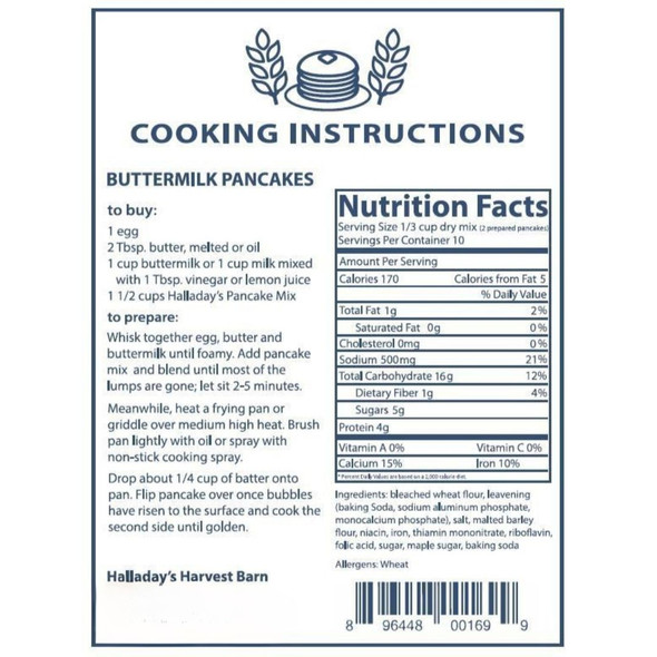 Nutrition and Ingredient Information for Buttermilk Pancake Mix by Halliday's. 