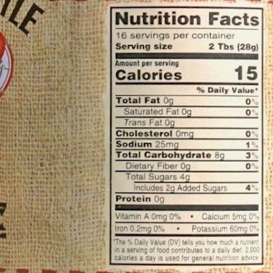 Nutrition Label on our Pineapple Salsa from the Dutch Kettle and Harvest Array. A low calorie, low sodium condiment.