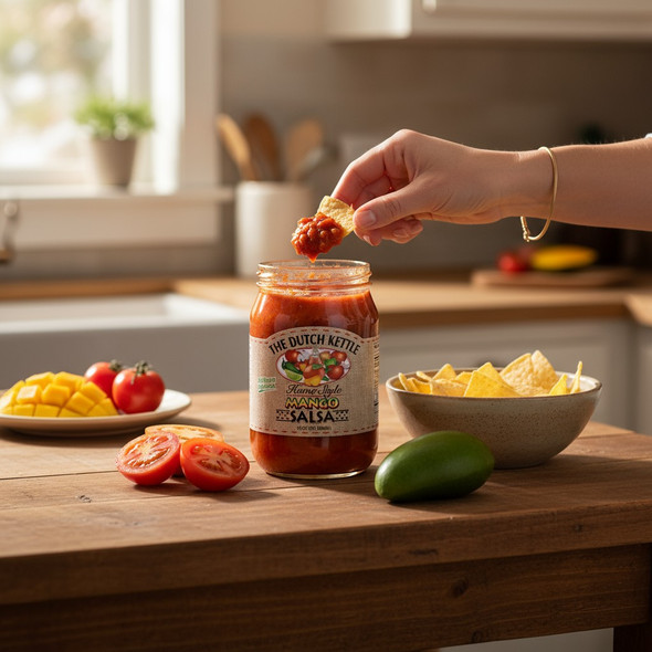 Authentic Home Style Mango Salsa from the Dutch Kettle. Order this fresh, spicy sweet salsa today from Harvest Array.