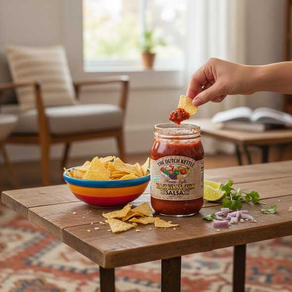 The Dutch Kettle Black Bean and Corn Salsa with tortilla chips being dipped on a rustic coffee table