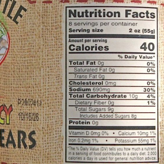 Nutrition facts in each jar of Dutch Kettle Amish Home Style Sweet and Spicy Dill Pickle Spears from Harvest Array.