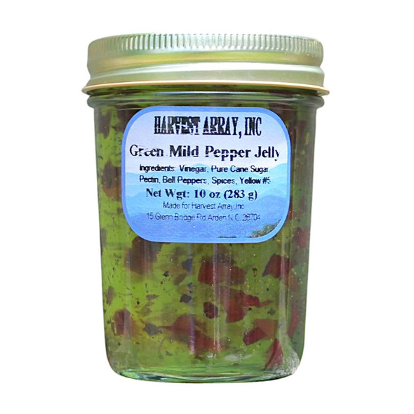 Green and Red Bell Peppers are the star of Green Mild Pepper Jelly made in the Blue Ridge Mountains of NC for Harvest Array. 10 oz jelly jar. 