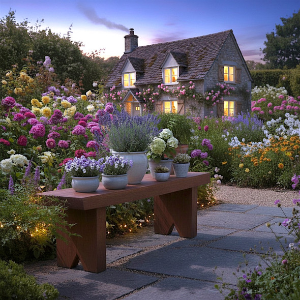 Indoor/Outdoor Wooden 36" Flower Pot Bench is available with mushroom (shown), cedar, and natural stains or unfinished, from Harvest Array.