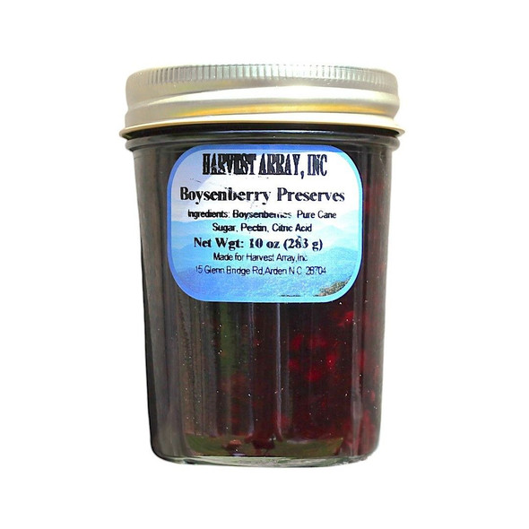 10 oz. jar of Boysenberry Preserves crafted from all-natural ingredients for Harvest Array. We deliver heritage to your door. harvestarray.com.