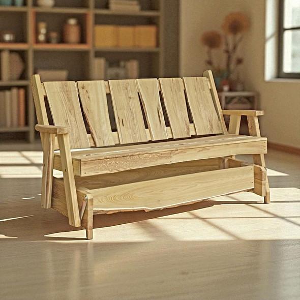 Our Unfinished Amish Made 6 feet wide Timberland Glider Bench can be used indoors or outdoors. Free Shipping when ordered on harvestarray.com.