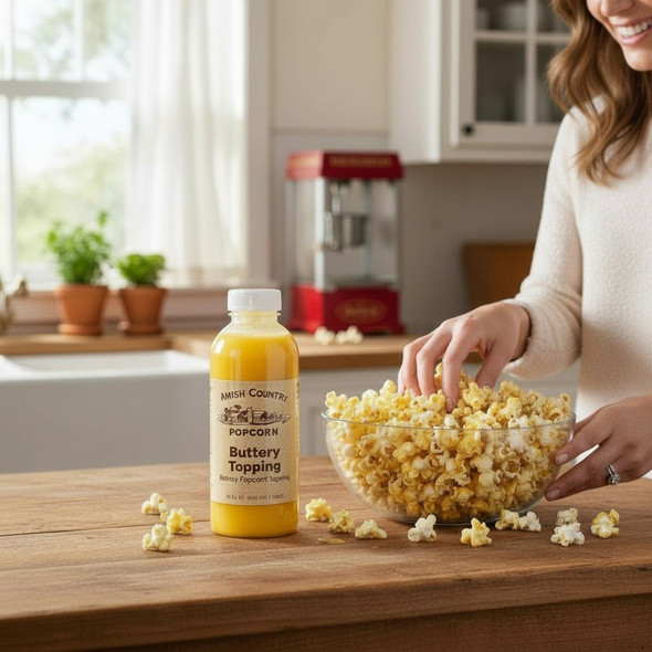 Drizzle rich flavor onto movie night with Amish Country Popcorn Buttery Popcorn Topping for that classic, golden-theater taste at home.