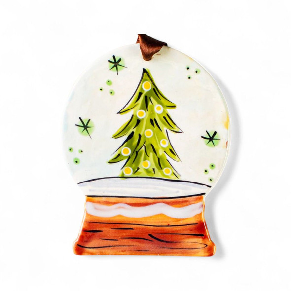 Hand-painted snow-globe Christmas tree ornament with silver ribbon hanger.