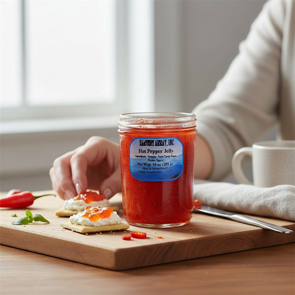 Blue Ridge Jams Hot Pepper Jelly on crackers with cream cheese in a kitchen setting. Order now for your next party, from Harvest Array.