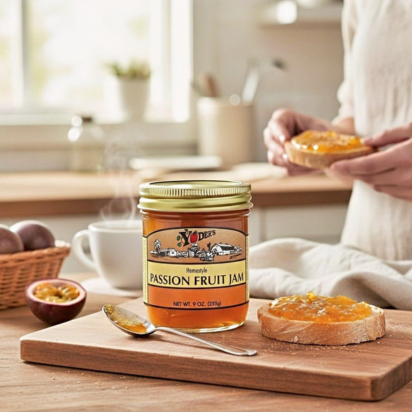 Yoder's Homestyle Passion Fruit Jam Jar on a rustic cutting board with toast and the jam next to it. Order today online from Harvest Array.