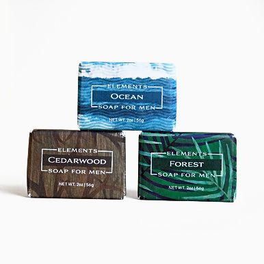New Men's Mini, 2.0 ounce Elements Soaps in Cedarwood, Forest, or Ocean. Made in the USA by Greenwich Bay Trading. Sold at harvestarray.com. Both in North Carolina.