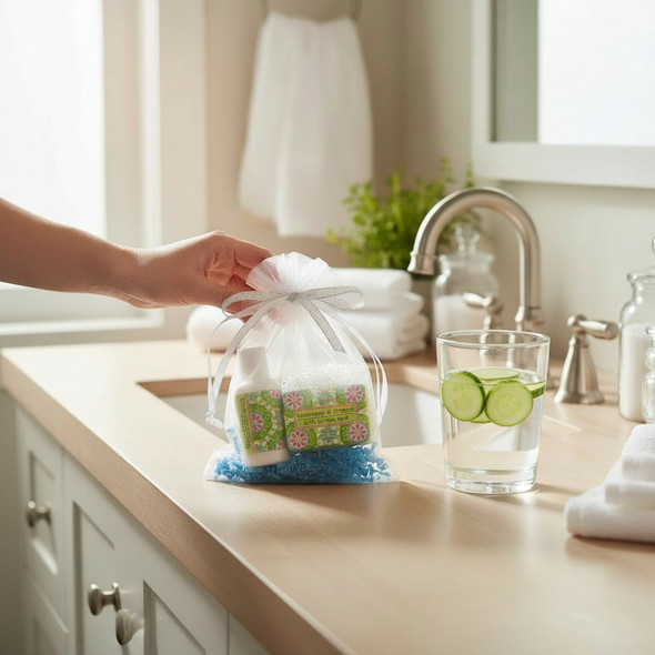 Mini Soap, Lotion, and Soap Saver Gift Bags- Garden Collection-Cucumber & Freesia shown in a country style bathroom. Made in the USA.  Available to send as a gift from harvestarray.com.
