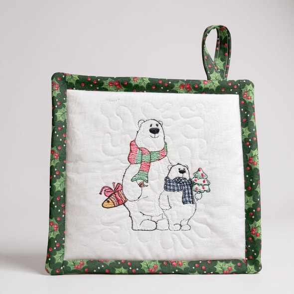 Adorable Holiday Bears Embroidered  Potholder and Hot Pad with Christmas themed border and back pattern. 9 x 9".
