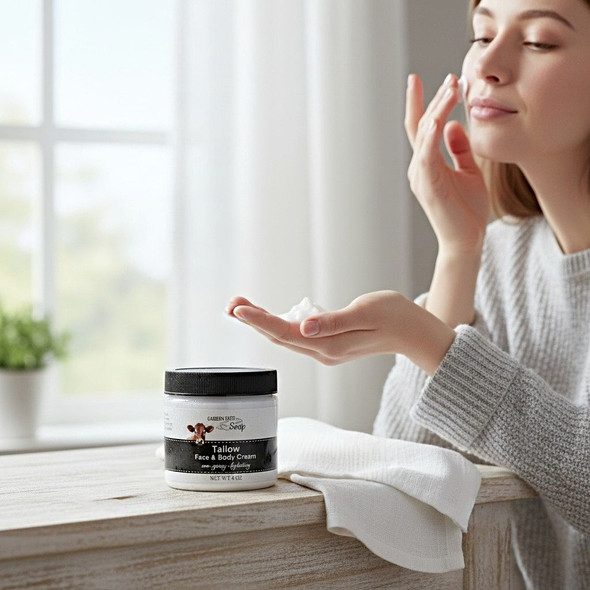 Pennsylvania Amish-made Tallow Face & Body Cream in a 4-ounce Jar. Moisturize skin the natural way. Order online at harvestarray.com.