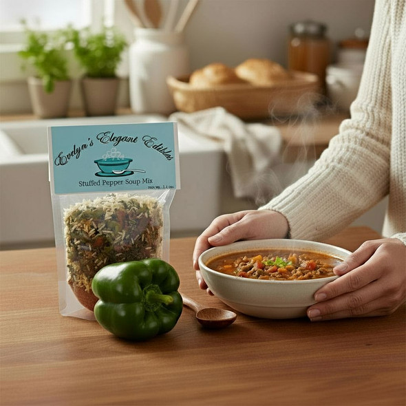 Evelyn's Elegant Edibles Stuffed Pepper Soup Mix in a kitchen next to a hearty bowl of the soup. Try it now by ordering online at harvestarray.com.