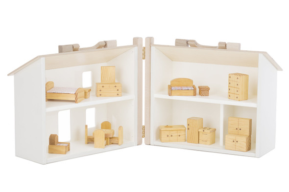 Amish Made Wooden Folding Doll House (White and Natural) and Furniture for Harvest Array