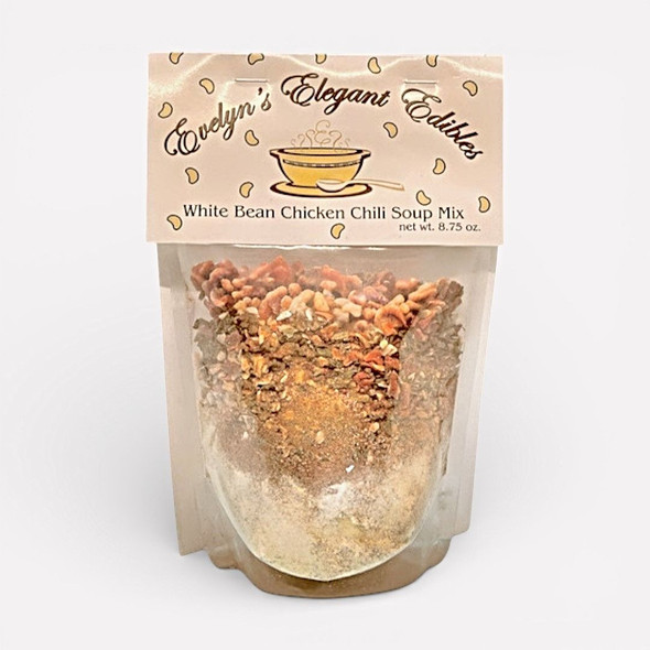 Evelyn's Elegant Edibles White Bean Chicken Chili Mix package. Order online and stock the pantry at harvestarray.com.
