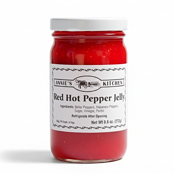 Annie's Kitchen Red Hot Pepper Jelly in a 9.6 ounce jar contains Beller and Habanero Peppers. It's Hot, Hot, Hot. Order today from harvestarray.com.