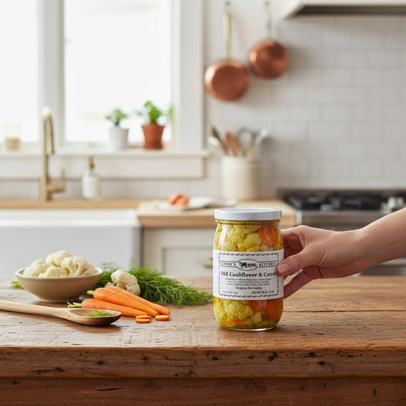Annie’s Kitchen Dill Cauliflower & Carrots jar on a rustic kitchen counter with fresh carrots and cauliflower.