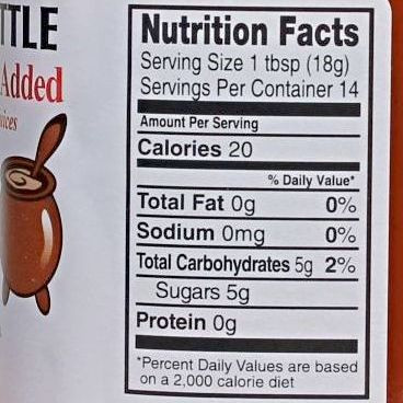 Nutrition facts label for The Dutch Kettle No Sugar Added Pumpkin Butter showing calories, carbs, sugars, and serving size.